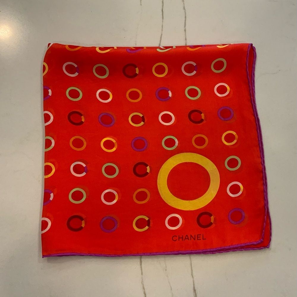 CHANEL Vintage Orange Scarf with Multicolor Circles